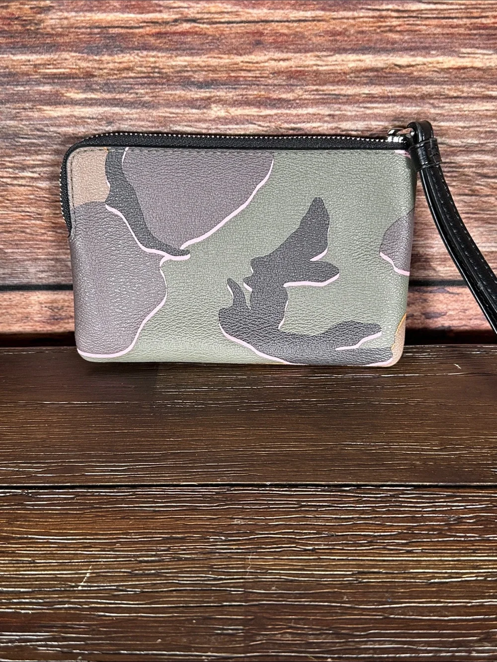 Coach Camouflage Leather Wristlet in Green and Tan & Pink